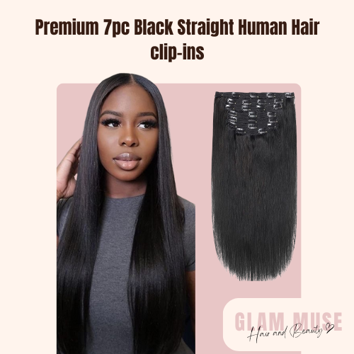 Premium 7pc Black Straight Human Hair clip-ins