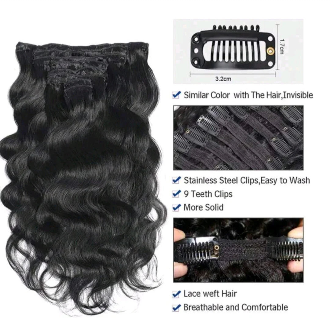 8pc Black Deep Body Wave Human Hair clip- ins