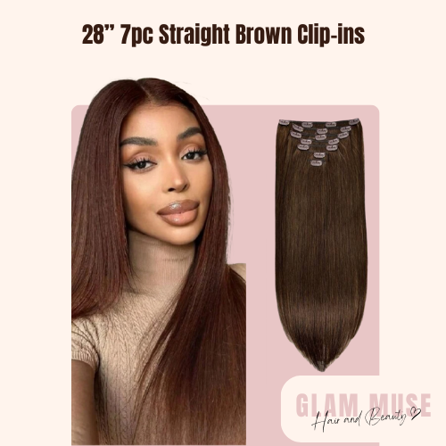 28” 7pc Straight Brown Clip-ins