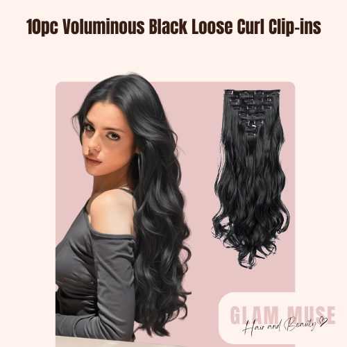 10pc Voluminous Black Loose Curl Clip-ins